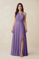 Halter A - Line Chiffon Bridesmaid Dress With Slit in Tahiti - KISS BRIDAL Bridesmaid Dresses