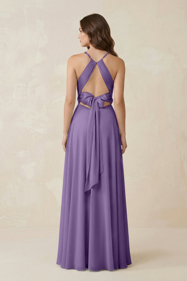 Halter A - Line Chiffon Bridesmaid Dress With Slit in Tahiti - KISS BRIDAL Bridesmaid Dresses