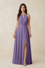 Halter A-Line Chiffon Bridesmaid Dress With Slit in Tahiti | KISSBRIDAL