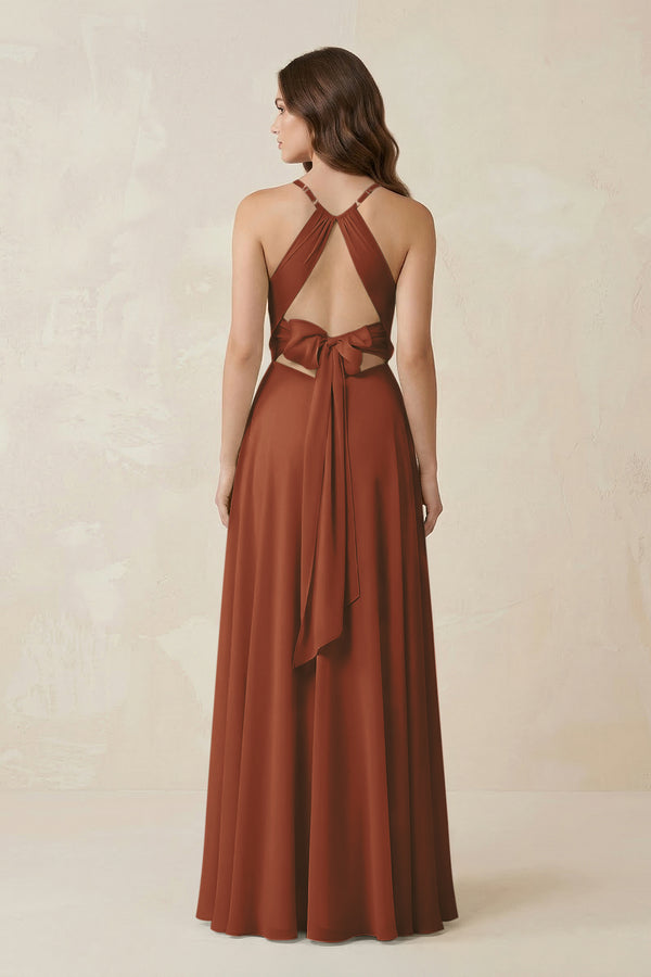 Halter A-Line Chiffon Bridesmaid Dress With Slit in Terracotta (2) | KISSBRIDAL