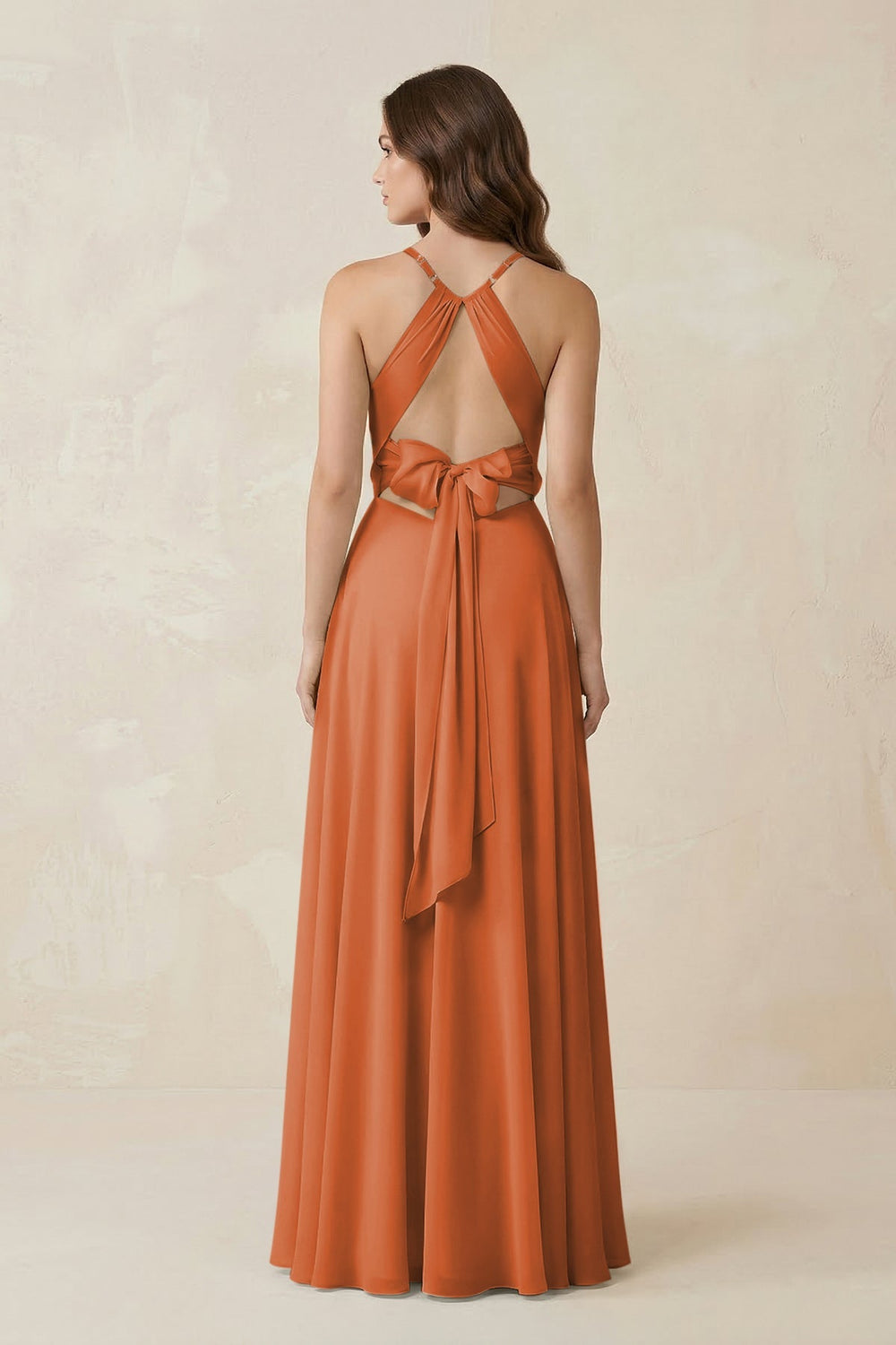 Halter A - Line Chiffon Bridesmaid Dress With Slit in Terracotta - KISS BRIDAL Bridesmaid Dresses