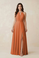 Halter A - Line Chiffon Bridesmaid Dress With Slit in Terracotta - KISS BRIDAL Bridesmaid Dresses
