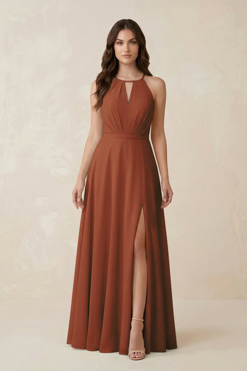 Halter A-Line Chiffon Bridesmaid Dress With Slit in Terracotta | KISSBRIDAL
