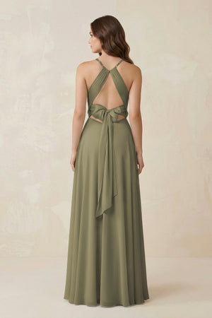 Halter A-Line Chiffon Bridesmaid Dress With Slit in Thyme (2) | KISSBRIDAL