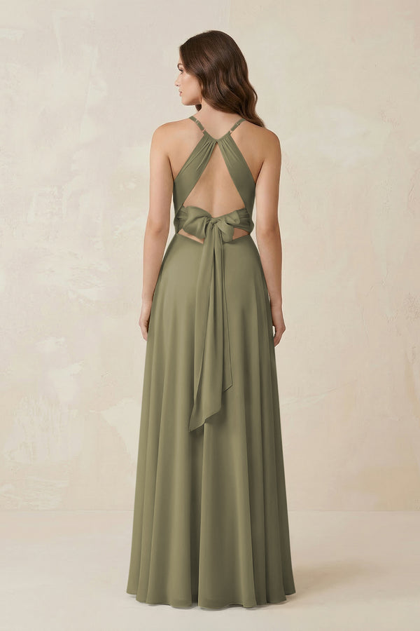 Halter A-Line Chiffon Bridesmaid Dress With Slit in Thyme (2) | KISSBRIDAL
