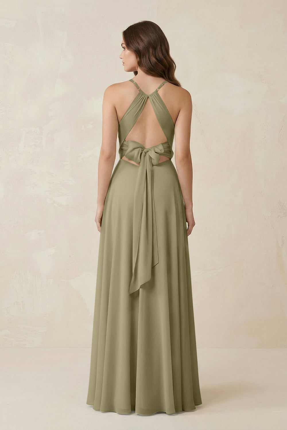 Halter A - Line Chiffon Bridesmaid Dress With Slit in Thyme - KISS BRIDAL Bridesmaid Dresses