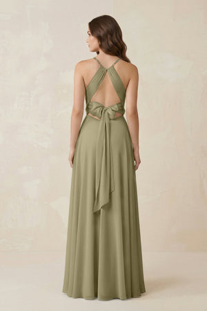 Halter A - Line Chiffon Bridesmaid Dress With Slit in Thyme - KISS BRIDAL Bridesmaid Dresses