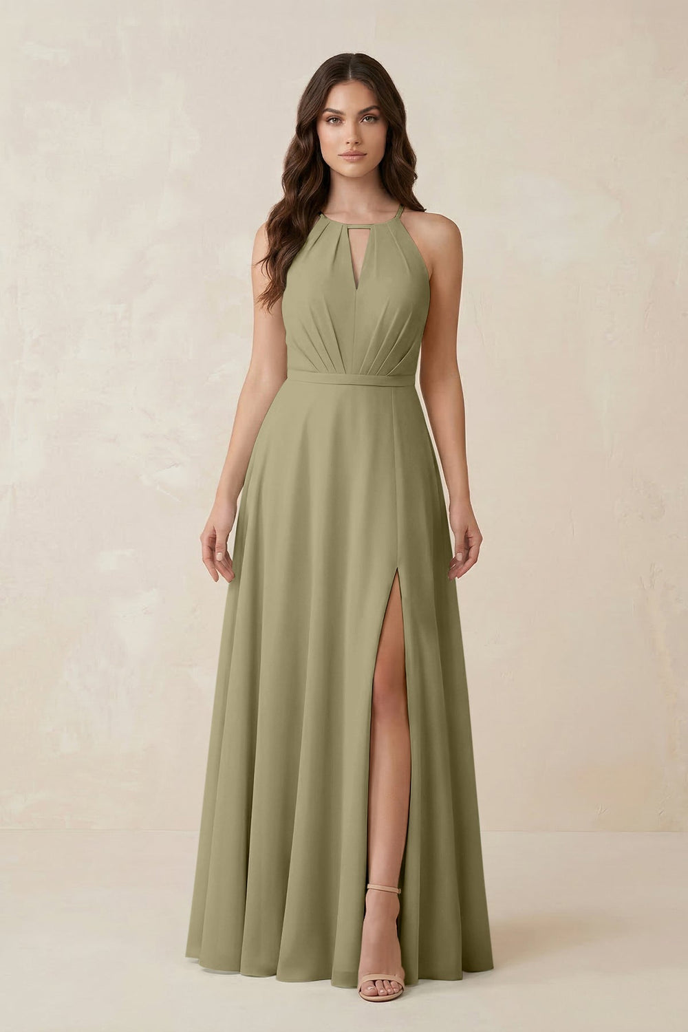 Halter A - Line Chiffon Bridesmaid Dress With Slit in Thyme - KISS BRIDAL Bridesmaid Dresses