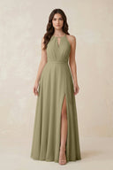 Halter A - Line Chiffon Bridesmaid Dress With Slit in Thyme - KISS BRIDAL Bridesmaid Dresses