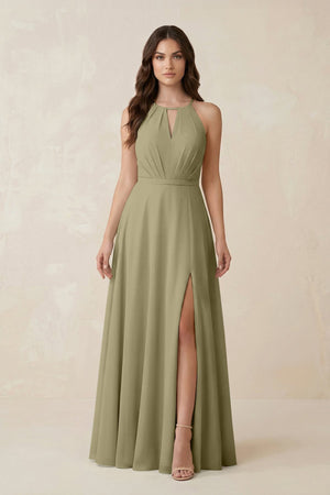 Halter A - Line Chiffon Bridesmaid Dress With Slit in Thyme - KISS BRIDAL Bridesmaid Dresses