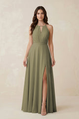 Halter A-Line Chiffon Bridesmaid Dress With Slit in Thyme | KISSBRIDAL