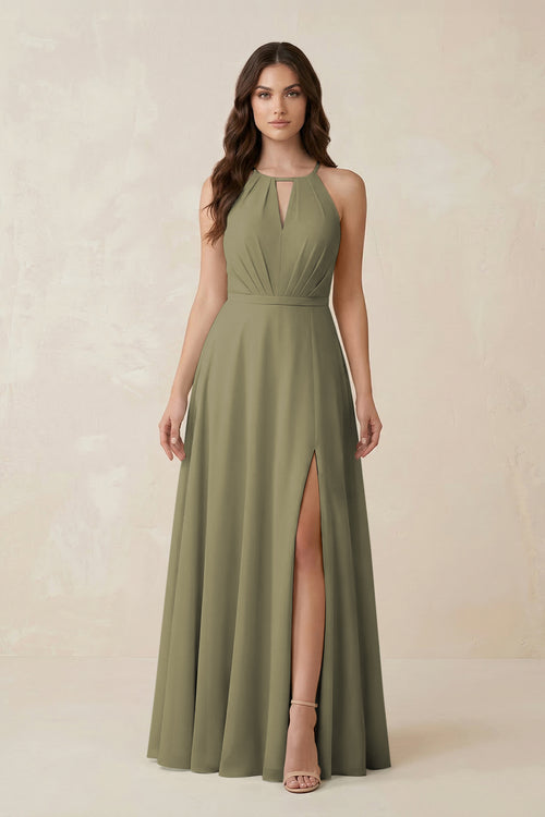 Halter A-Line Chiffon Bridesmaid Dress With Slit in Thyme | KISSBRIDAL