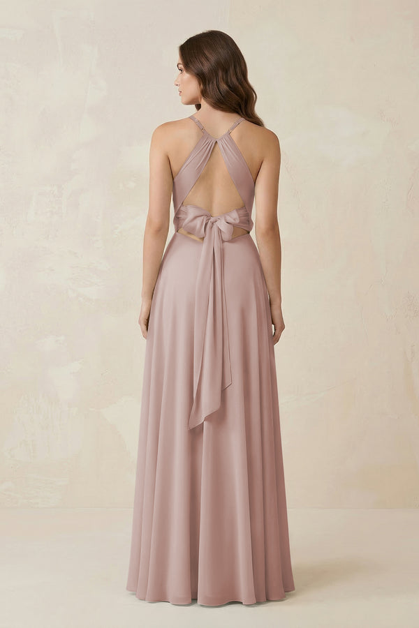 Halter A-Line Chiffon Bridesmaid Dress With Slit in Toffee (2) | KISSBRIDAL