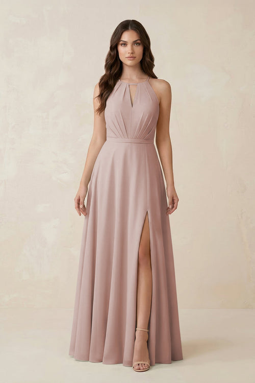 Halter A - Line Chiffon Bridesmaid Dress With Slit in Toffee - KISS BRIDAL Bridesmaid Dresses