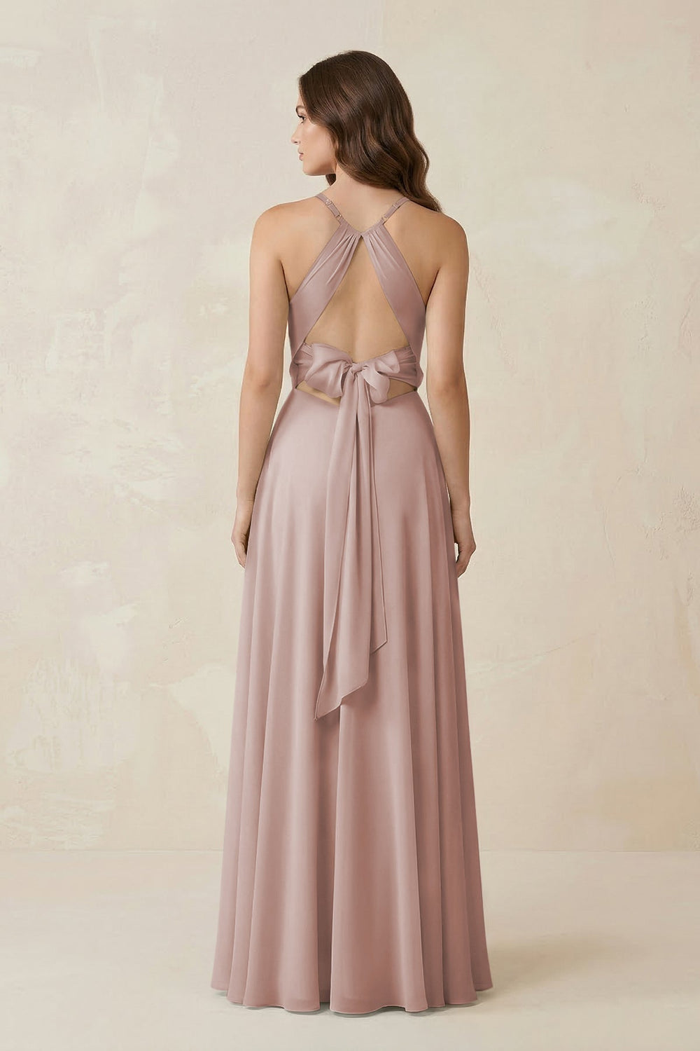 Halter A - Line Chiffon Bridesmaid Dress With Slit in Toffee - KISS BRIDAL Bridesmaid Dresses