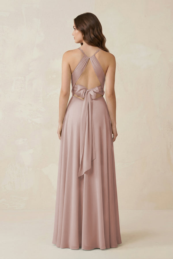 Halter A - Line Chiffon Bridesmaid Dress With Slit in Toffee - KISS BRIDAL Bridesmaid Dresses