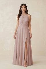 Halter A-Line Chiffon Bridesmaid Dress With Slit in Toffee | KISSBRIDAL
