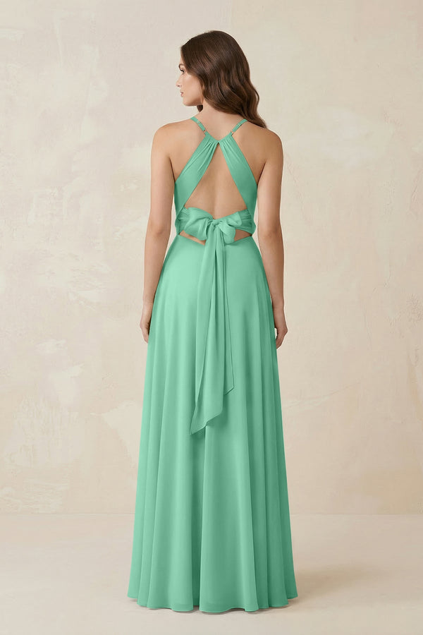 Halter A - Line Chiffon Bridesmaid Dress With Slit in Turquoise - KISS BRIDAL Bridesmaid Dresses