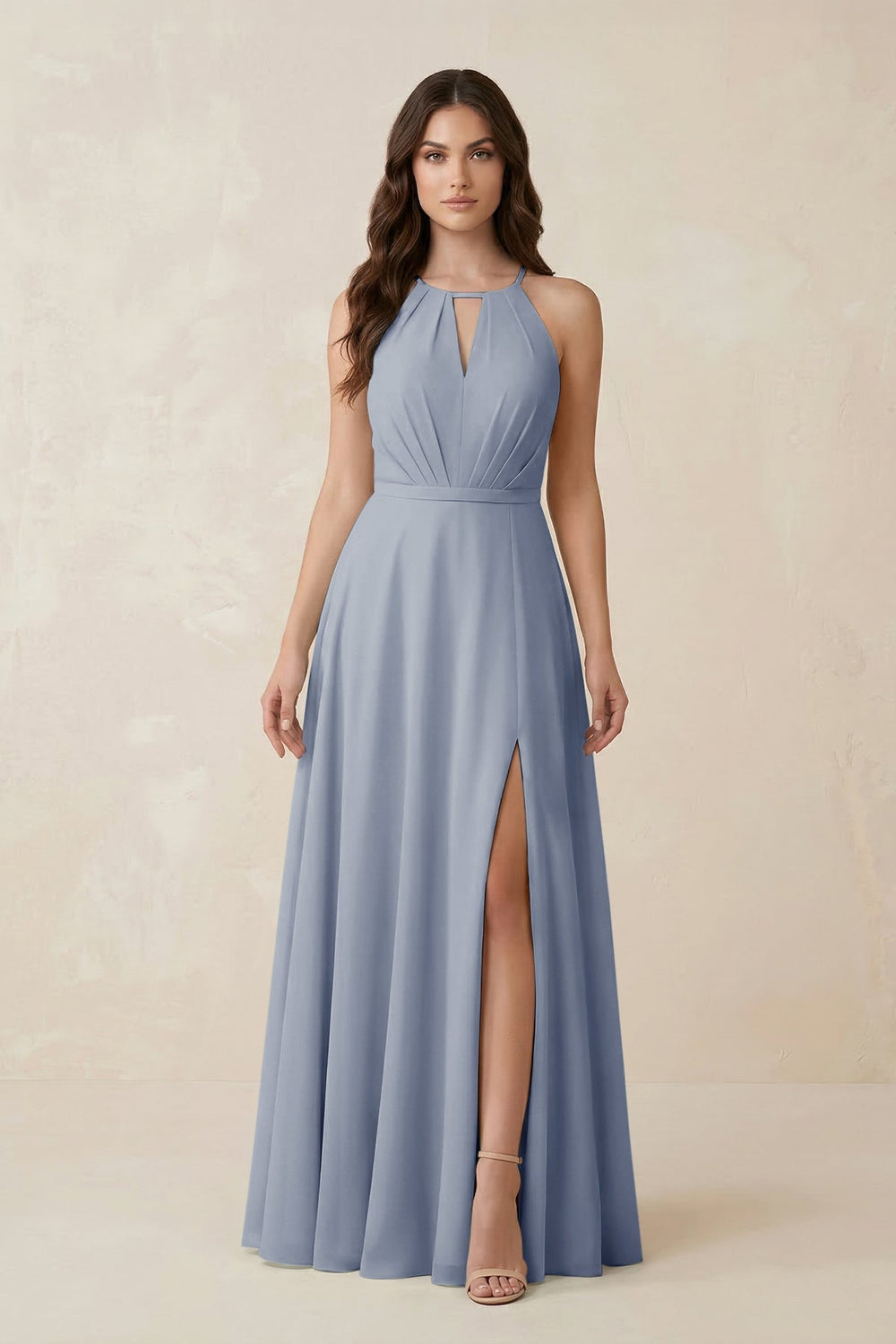 Halter A - Line Chiffon Bridesmaid Dress With Slit in Twilight - KISS BRIDAL Bridesmaid Dresses