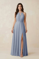 Halter A - Line Chiffon Bridesmaid Dress With Slit in Twilight - KISS BRIDAL Bridesmaid Dresses