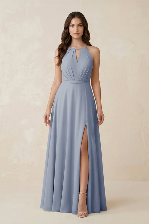 Halter A - Line Chiffon Bridesmaid Dress With Slit in Twilight - KISS BRIDAL Bridesmaid Dresses