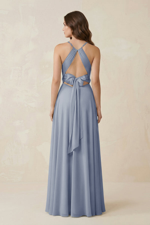 Halter A - Line Chiffon Bridesmaid Dress With Slit in Twilight - KISS BRIDAL Bridesmaid Dresses