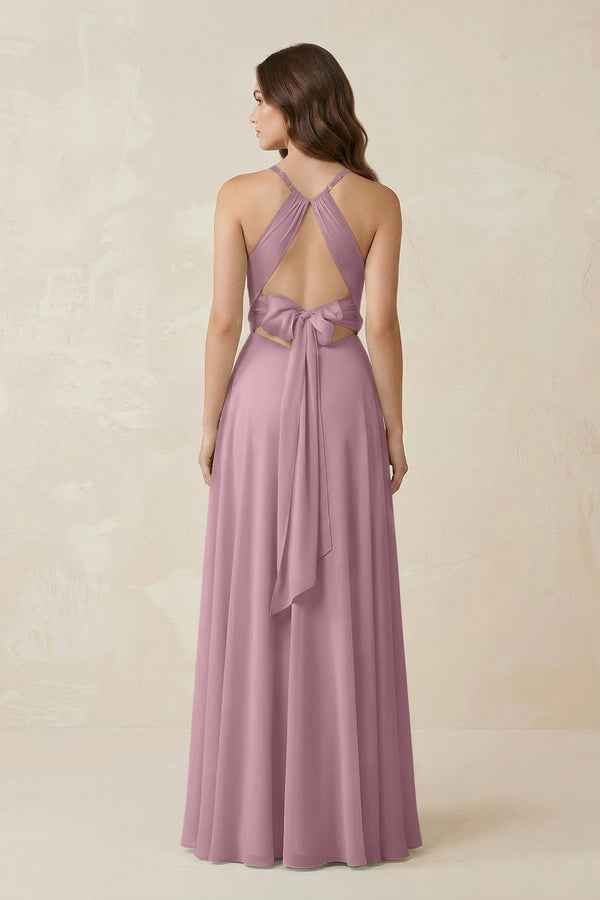 Halter A-Line Chiffon Bridesmaid Dress With Slit in Vintage Mauve (2) | KISSBRIDAL