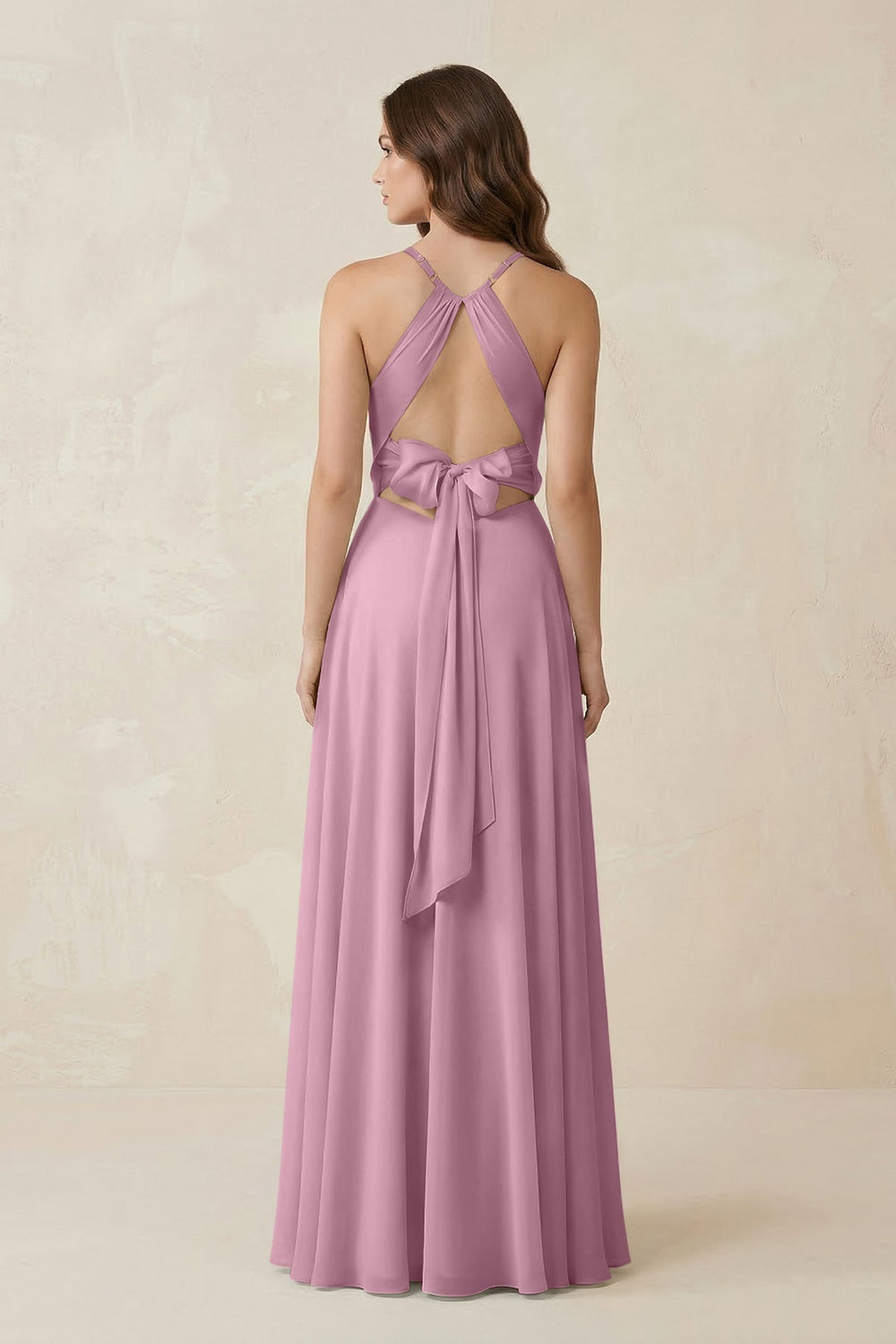 Halter A - Line Chiffon Bridesmaid Dress With Slit in Vintage Mauve - KISS BRIDAL Bridesmaid Dresses