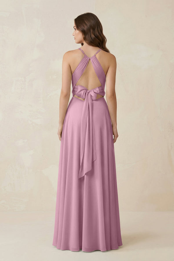 Halter A - Line Chiffon Bridesmaid Dress With Slit in Vintage Mauve - KISS BRIDAL Bridesmaid Dresses