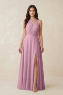 Halter A - Line Chiffon Bridesmaid Dress With Slit in Vintage Mauve - KISS BRIDAL Bridesmaid Dresses