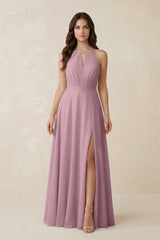 Halter A-Line Chiffon Bridesmaid Dress With Slit in Vintage Mauve | KISSBRIDAL