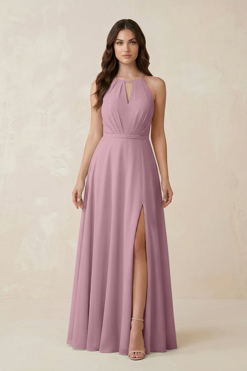Halter A-Line Chiffon Bridesmaid Dress With Slit in Vintage Mauve | KISSBRIDAL