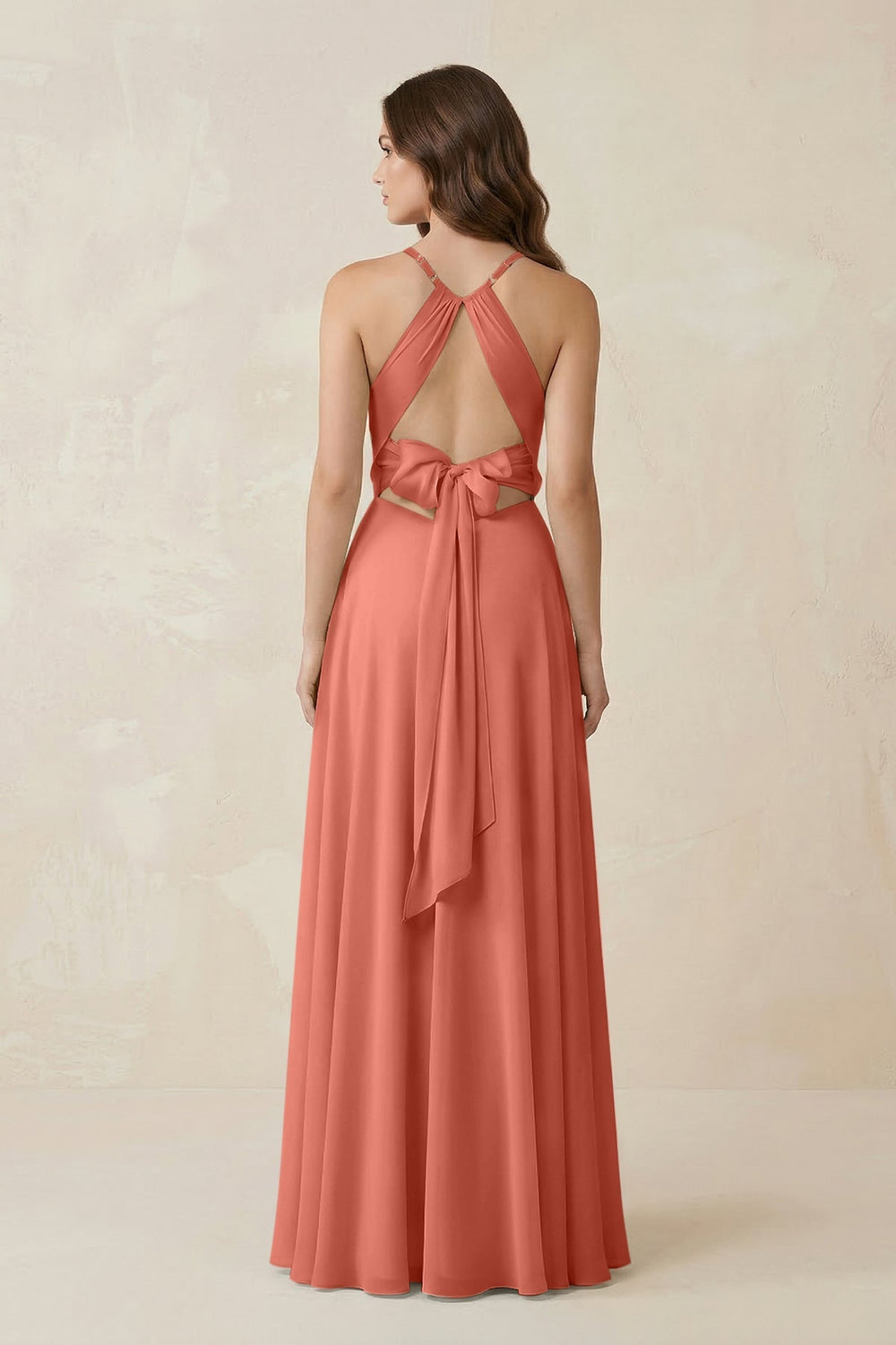 Halter A - Line Chiffon Bridesmaid Dress With Slit in Wild Rose - KISS BRIDAL Bridesmaid Dresses