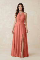 Halter A - Line Chiffon Bridesmaid Dress With Slit in Wild Rose - KISS BRIDAL Bridesmaid Dresses