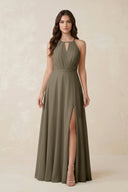 Halter A - Line Chiffon Bridesmaid Dress With Slit in Willow Green - KISS BRIDAL Bridesmaid Dresses