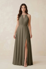 Halter A - Line Chiffon Bridesmaid Dress With Slit in Willow Green - KISS BRIDAL Bridesmaid Dresses