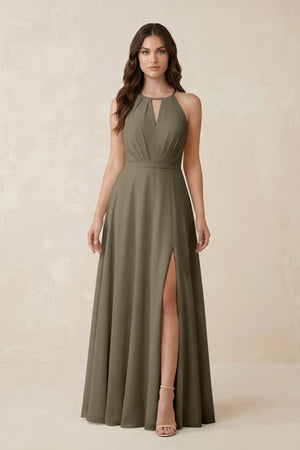 Halter A - Line Chiffon Bridesmaid Dress With Slit in Willow Green - KISS BRIDAL Bridesmaid Dresses