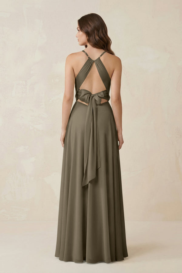 Halter A - Line Chiffon Bridesmaid Dress With Slit in Willow Green - KISS BRIDAL Bridesmaid Dresses