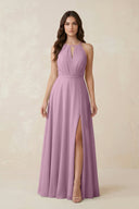 Halter A - Line Chiffon Bridesmaid Dress With Slit in Wisteria - KISS BRIDAL Bridesmaid Dresses