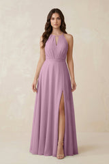 Halter A - Line Chiffon Bridesmaid Dress With Slit in Wisteria - KISS BRIDAL Bridesmaid Dresses