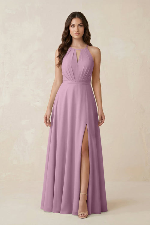 Halter A - Line Chiffon Bridesmaid Dress With Slit in Wisteria - KISS BRIDAL Bridesmaid Dresses