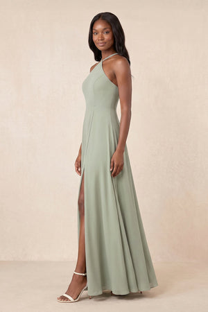 Halter A - Line Chiffon Maxi Dress in Frost - SHE IS ME Dresses