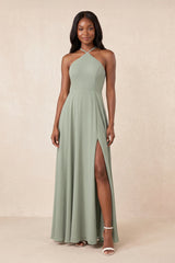 Halter A - Line Chiffon Maxi Dress in Frost - KISS BRIDAL Dresses