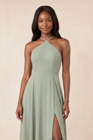 Halter A - Line Chiffon Maxi Dress in Frost - SHE IS ME Dresses