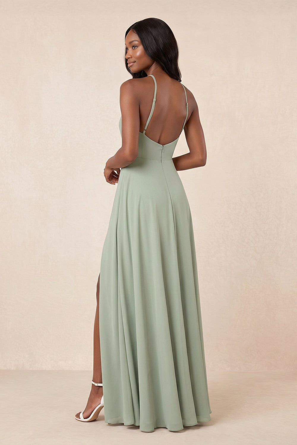 Halter A - Line Chiffon Maxi Dress in Frost - KISS BRIDAL Dresses