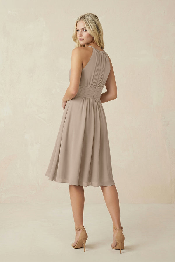 Halter A-Line Chiffon Midi Bridesmaid Dress in Almond (2) | KISSBRIDAL