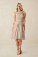 Halter A - Line Chiffon Midi Bridesmaid Dress in Almond - SHE IS ME Bridesmaid Dresses
