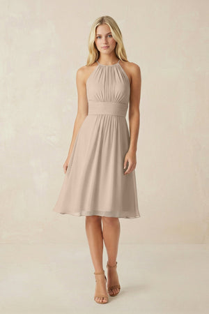 Halter A - Line Chiffon Midi Bridesmaid Dress in Almond - SHE IS ME Bridesmaid Dresses