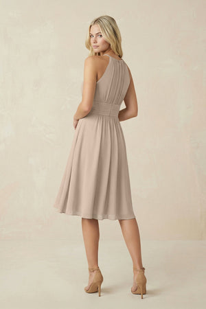 Halter A - Line Chiffon Midi Bridesmaid Dress in Almond - SHE IS ME Bridesmaid Dresses
