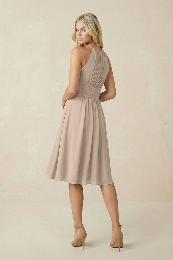 Halter A - Line Chiffon Midi Bridesmaid Dress in Almond - SHE IS ME Bridesmaid Dresses